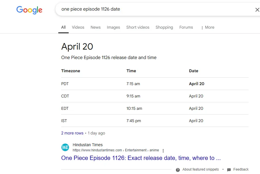 table snippet of featured snippet